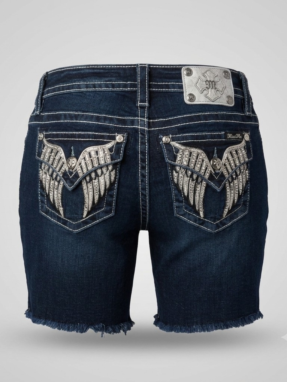 Miss Me Angel Wing Bling Cutoff Denim Shorts Size 27 Dark Wash Mid-Short Y2K Vtg